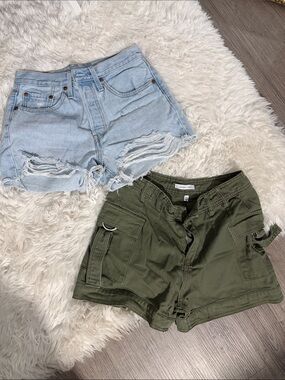 Levi's Light Blue Distressed Denim Shorts & Olive Green Cargo Shorts